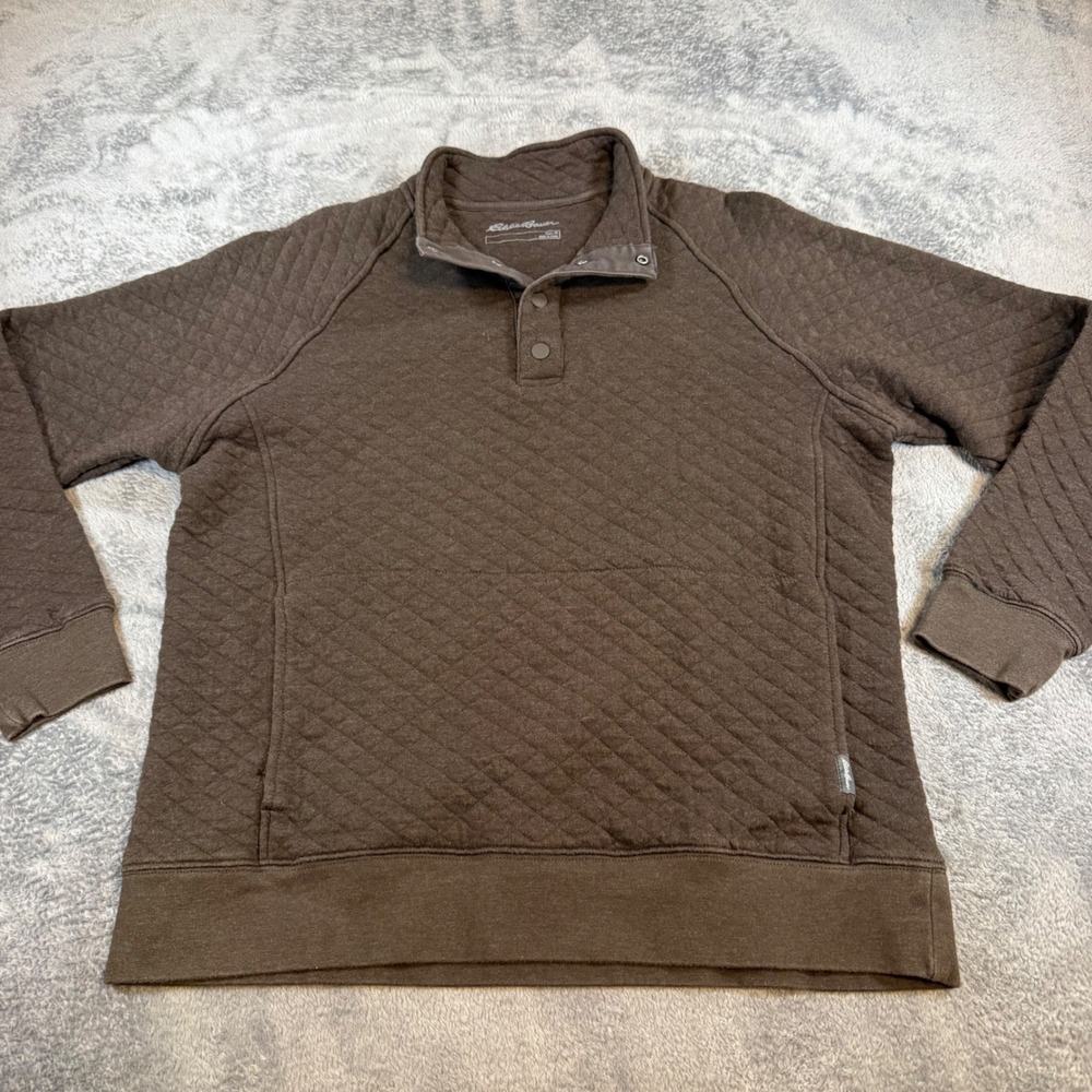 Eddie Bauer Mens Brown Quilted Snap Mock Neck Pullover Sweatshirt Medium